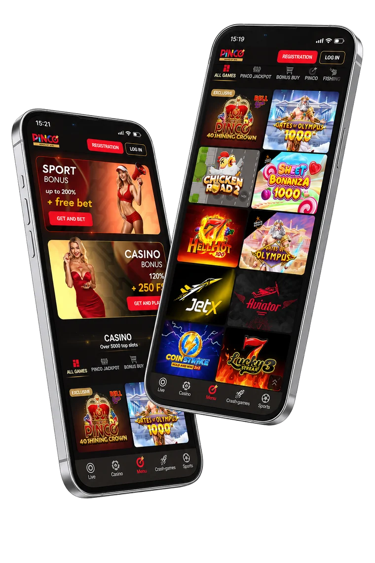 Pinco Casino app screens on two phones showing slots and sports